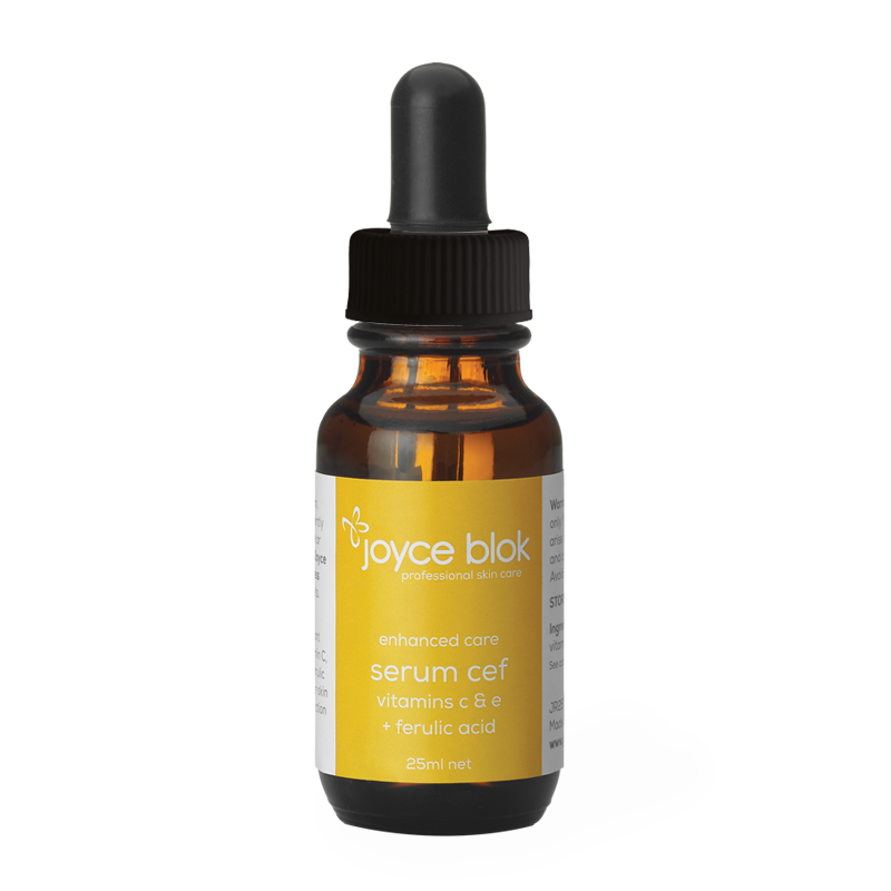 serum cef vitamin c, vitamin e, ferulic acid bottle with dropper